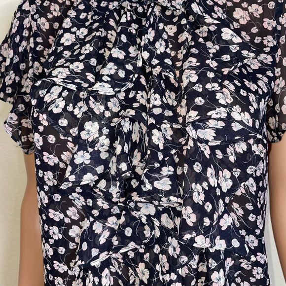 Chaps brand black & white floral print tuxedo ruffle front button up SZ L - Picture 5 of 10